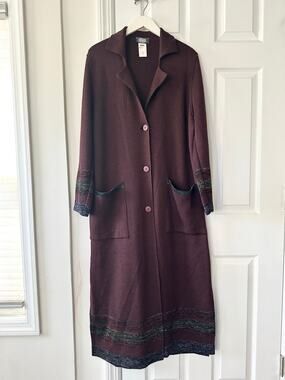 Magic Italy Burgundy Merino Wool Longline Stripe Border Button Cardigan Duster M